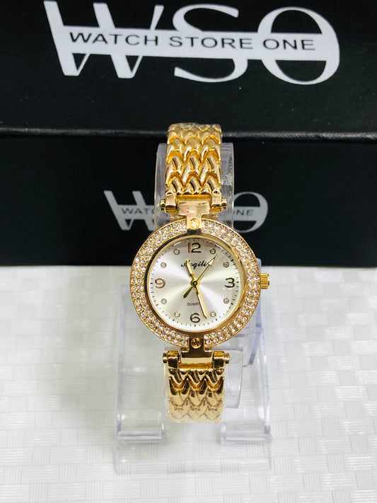 Women premium diamond gold white watch